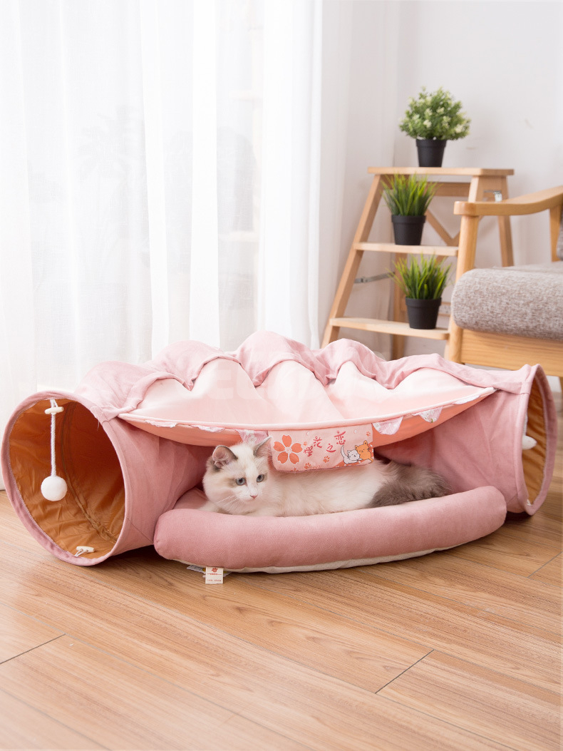 Removable Playable Warm Cozy 2-in-1 Collapsible Cat Bed with Tunnel Toys GRDTC -1