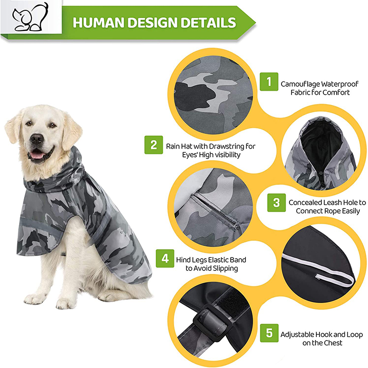 Dog Raincoat Camouflage Waterproof Pet Rain Jacket with Leash Hole , GRDAR-9